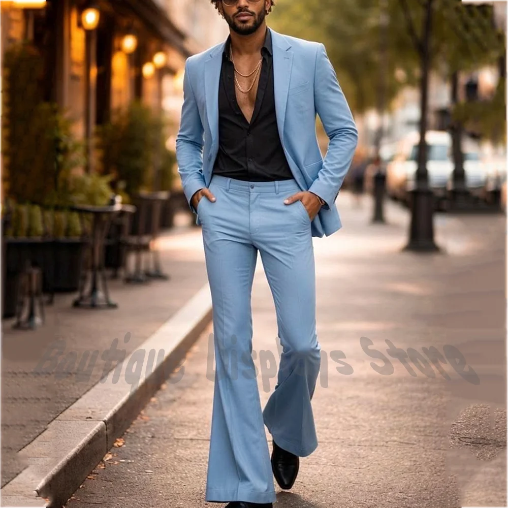 

Classic Men's Suit Blue Slim Fit Notch Lapel Jacket Flared Pants 2 Piece Set Business Work Smart Casual Outfit Wedding Party