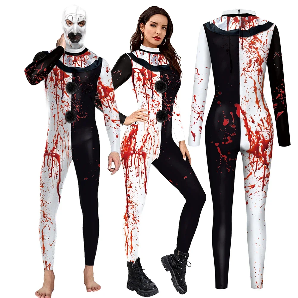 Terrifier 3 Halloween Costume Woman Man Bloody Clown Hood Jumpsuit Fancy Zentai Bodysuit Carnival Party Clothes Gift