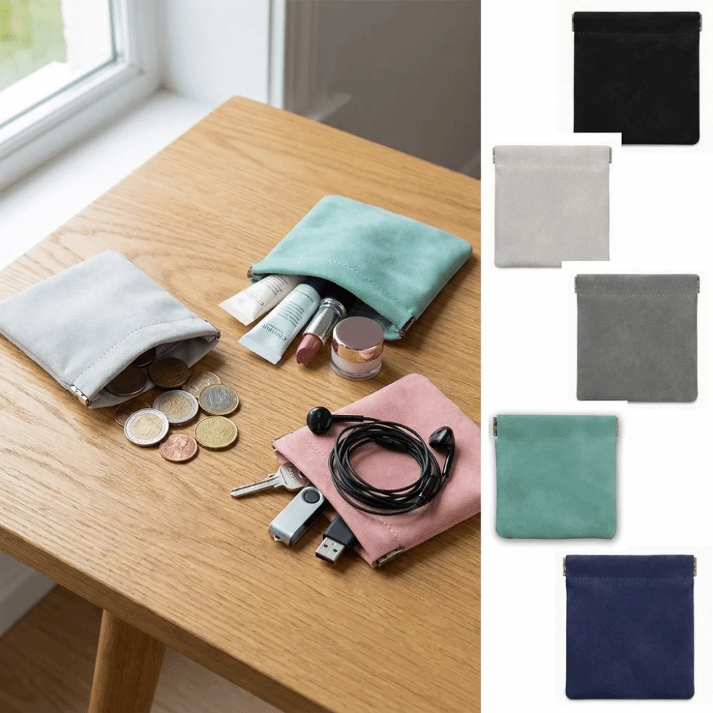 Portable Automatic Spring Open Small Storage Pouch Self-Closing Suede Mini Cosmetic Bag Self Sealing Pouch Travel Storage