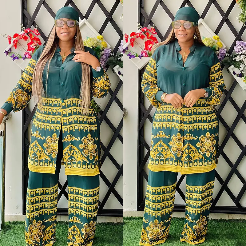 

African Chiffon Print Button Sheer Shirt and Wide Leg Pants 2 Pieces Set Women Tops Trousers Suit Dashiki Africa Clothing Outfit