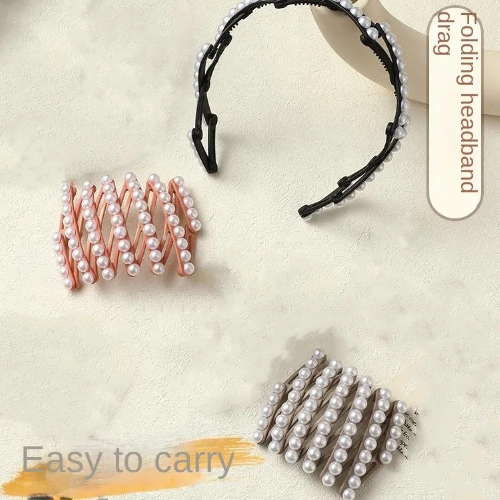 إكسسوارات الشعر عصابة رأس لؤلؤية قابلة للطي من البلاستيك، طوق شعر صغير قابل للسحب، أسود ورمادي، هدايا رباط شعر محمول