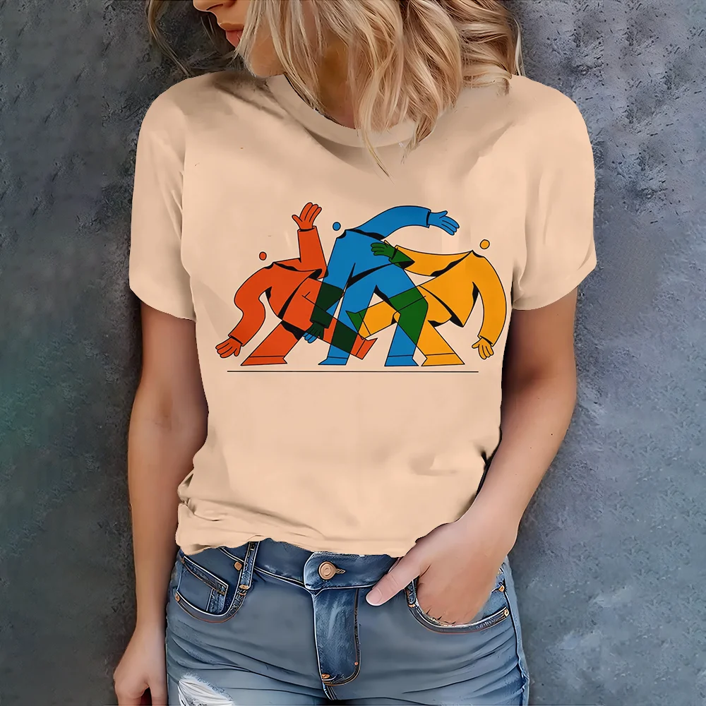 

Женская бежевая футболка с абстрактным узором - летняя футболка в повседневном стиле с круглым вырезом и коротким рукавом