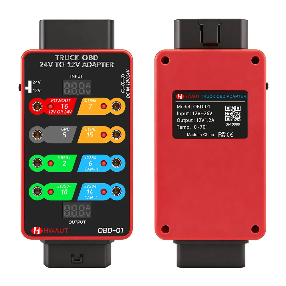 24V to 12V Heavy Duty Truck OBD2 Adapter Converter Breakout Box Dual LED Display Voltage Current Monitor Signal Detector Tool