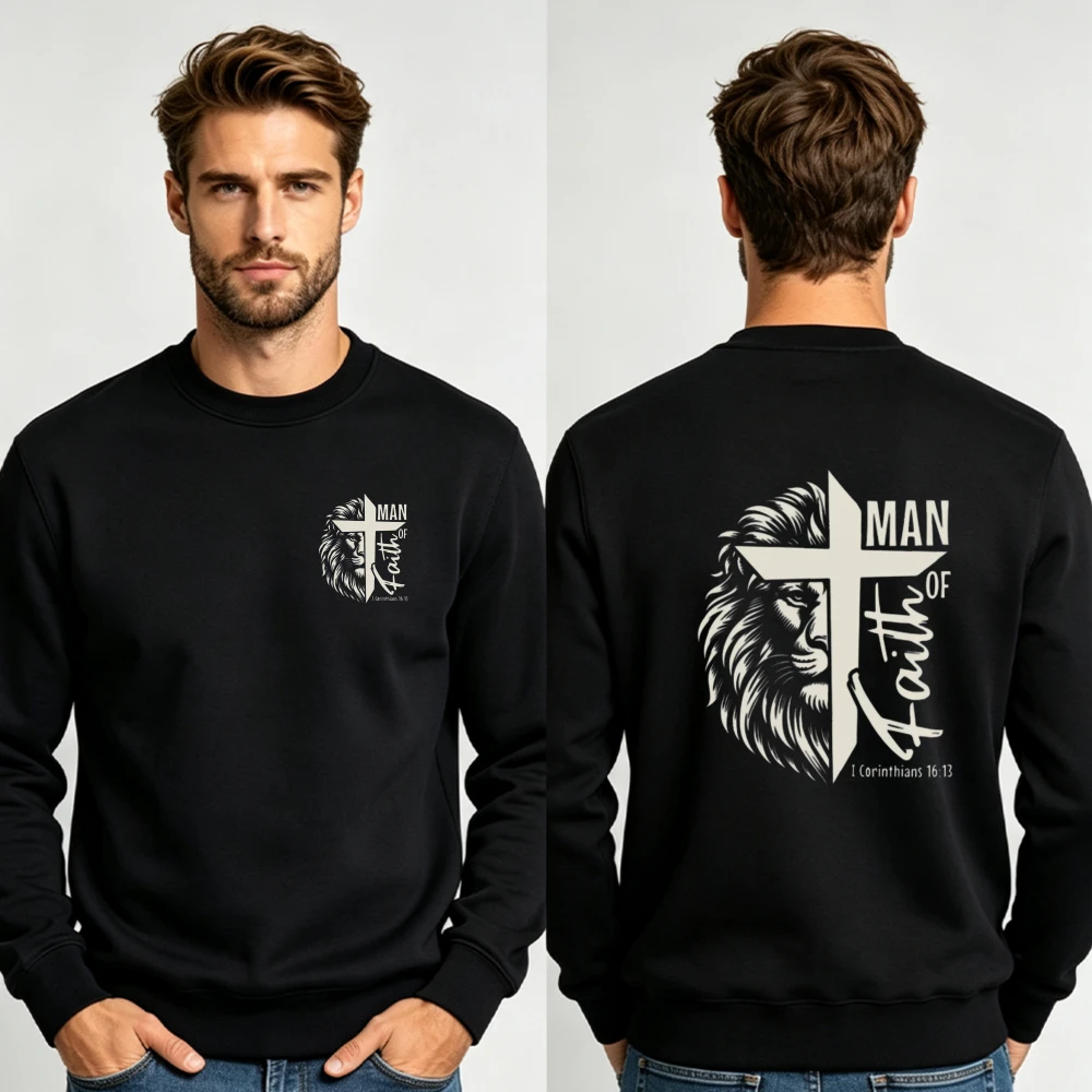 Men Man of Faith Lion Cross Double Sided Crewneck Sweatshirt Religious Christian Faith Graphic Loose Casual Daily Wear Pullover