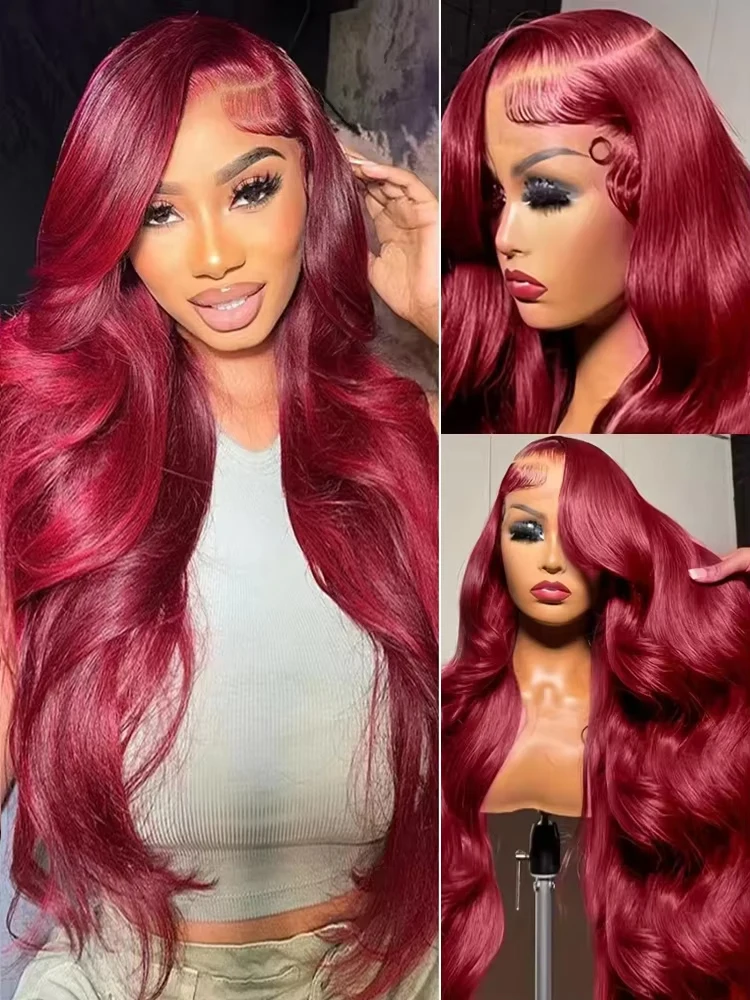 250% Burgundy 30 40 Inch Body Wave Lace Front Human Hair Wig 99J Red Colored Wigs 13x6 HD Lace Frontal Human Hair Wig For Women