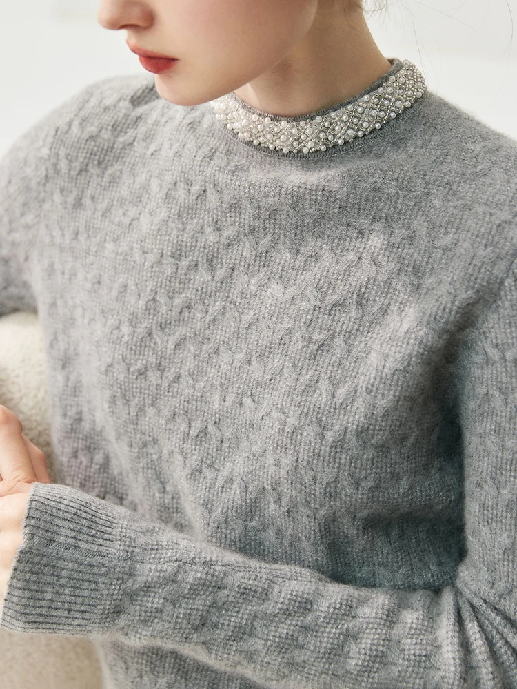 TLOML automne hiver nouveau femmes 100% pull en cachemire col rond col de perles câble tricot pull grâce Style bureau dame Chic hauts