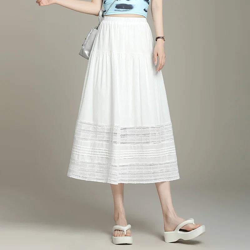 

Белая кружевная юбка с вырезами и эластичной талией, женская длинная юбка А-силуэта, летняя новинка, из полиэфирного волокна