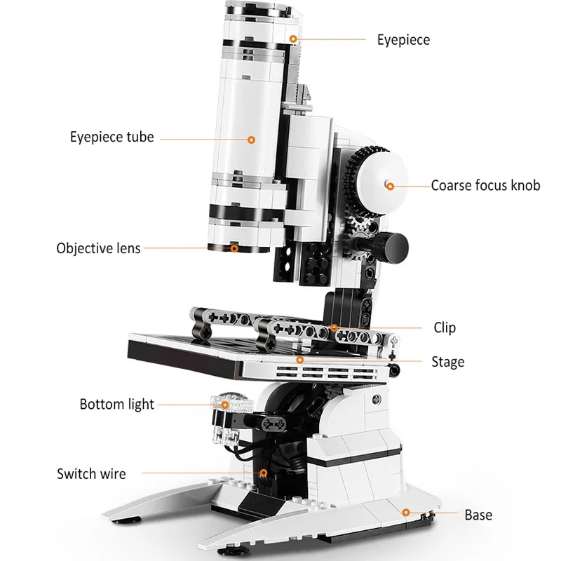 Microscope Building Block Model 3D Puzzle Toy DIY Simulation Assembly Kit STEM Toy Liftable Eyepiece LED Fill-in Light Kid Gift