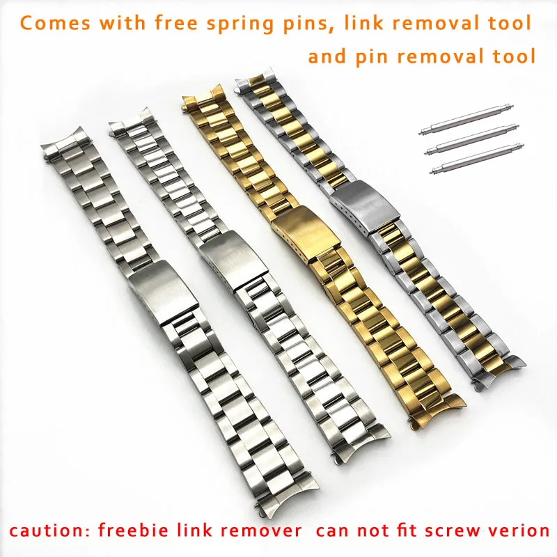 Stainless Steel Three-bead Curved End Watchband 13mm 17 18 19 20mm 21mm Watch Strap Metal Wrist Bracelet W Folding Buckle