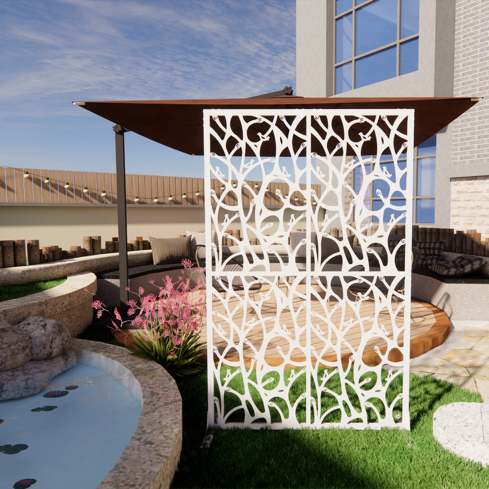 3.8 x 6 Ft White Metal Privacy Screen, Free Standing Bird Shape Room Divider, Decorative Patio & Garden Partition