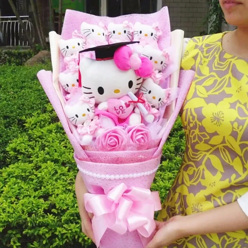 

New Sanrio Hello Kitty Plush Stuffed Bouquet With Graduation Hats Handmade Doll Cute Soap Flower Bouquet Birthday Gift