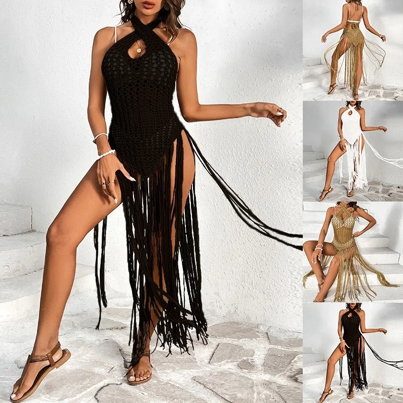 

Sexy Crochet Dress Women Hollow Out Cross Halter Backless Bandage Tassel Bikini Cover Up 2025 Trendy Temperament Beach Cover-ups