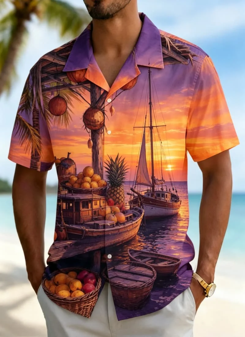 

Men's tropical print shirt, featuring a vintage summer style, is suitable for fashionable dressing, daily wear, casual travel