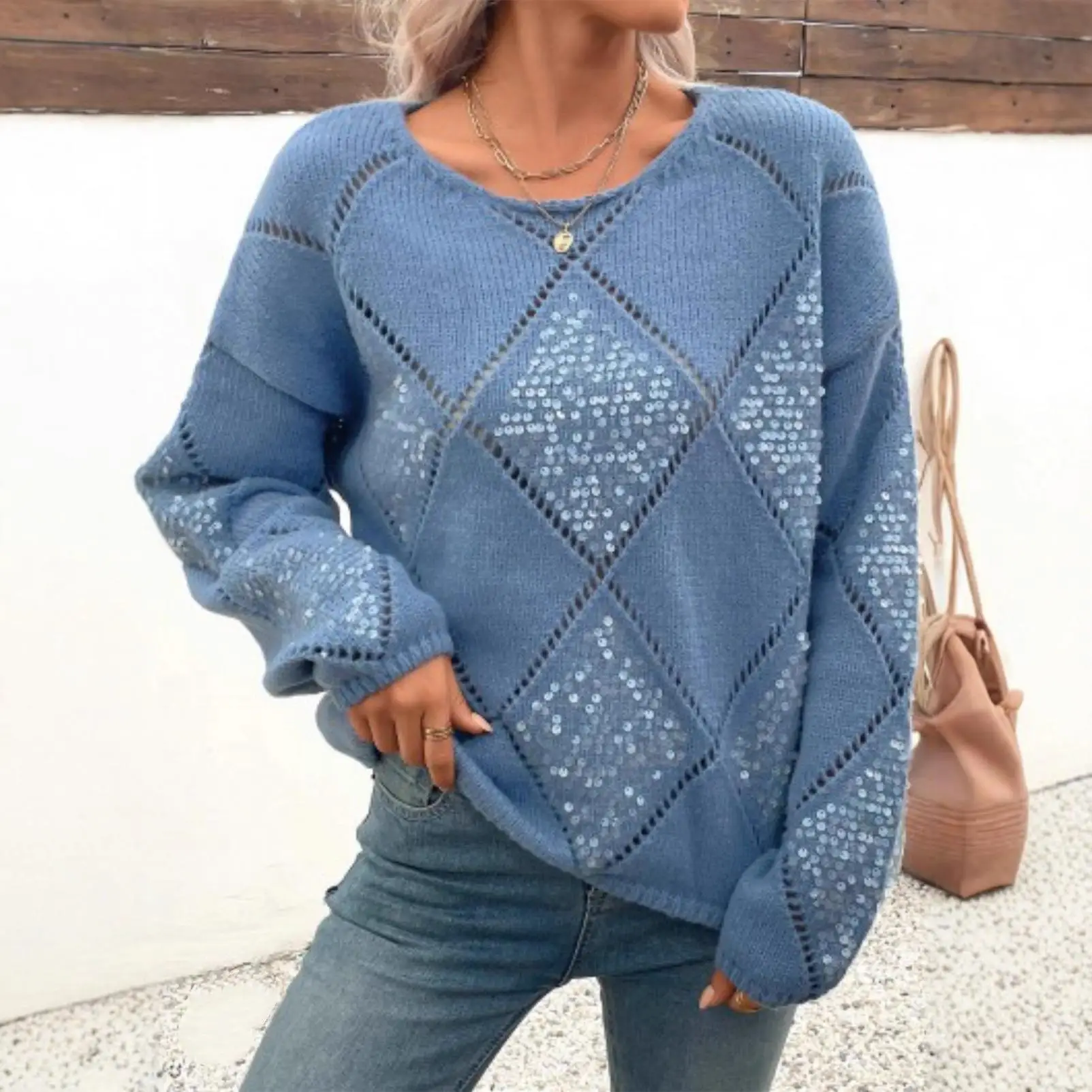 

Faionable ажурный трикотаж с блестками, женский осенне-зимний новый свободный свитер Pure Color с бриллиантами, модный