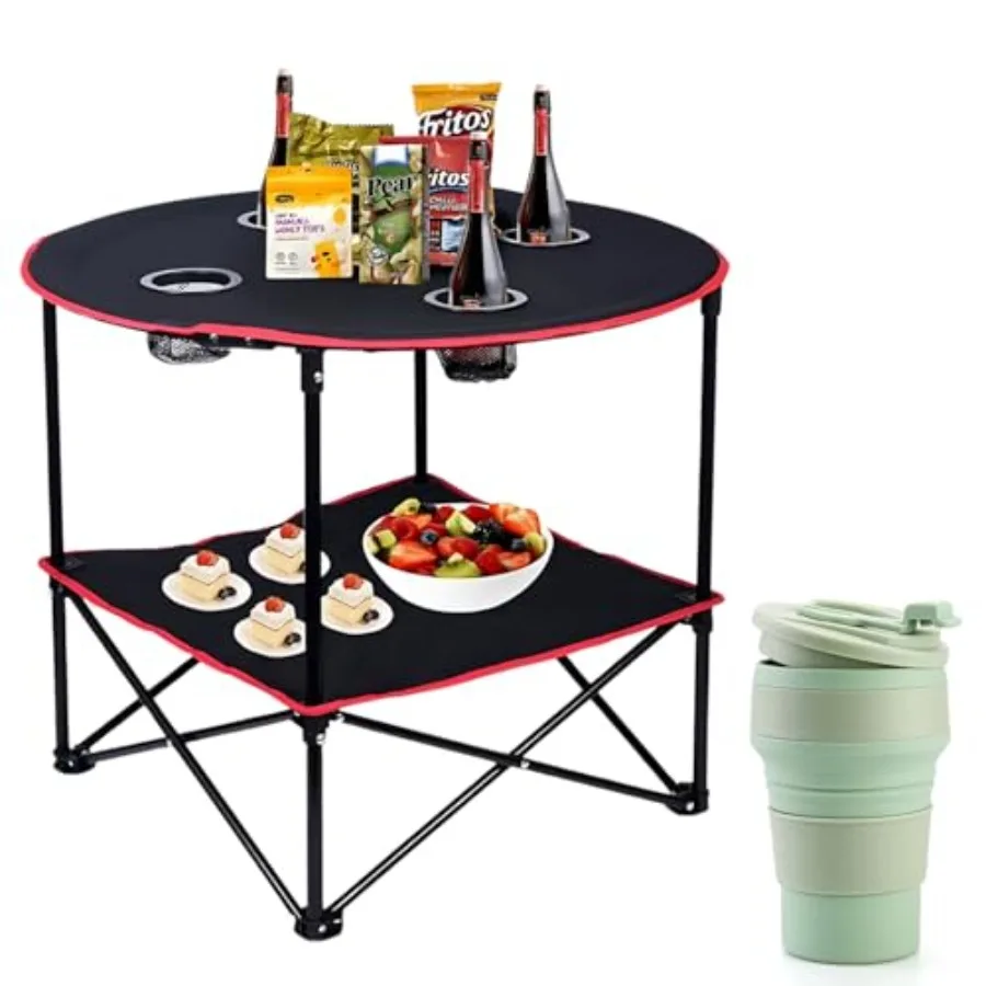 

Camping Table, 2-Tier Folding Portable Table with 4 Cup Holders, Camping Cip and Carry Bags for Camping, Collapsible Table Stee