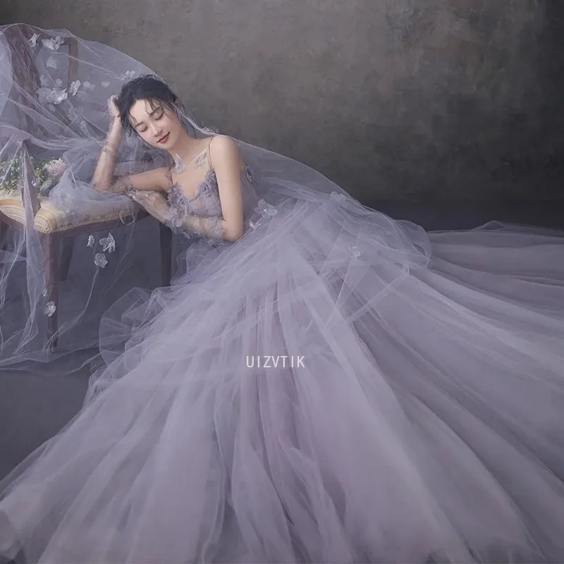 Puple Einfache Korea Lange Brautkleider Frauen Sexy Spaghetti-trägern Applique Fotos Schießen Brautkleid Elegantes A-Linie Prom Kleid