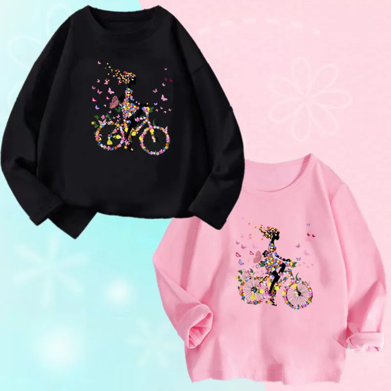 Kids T Shirt Floral Girl with Butterfly Bicycle Print Tops Girls Casual Cute Graphic Tee Shirt Long Sleeve Cartoon T-shirts