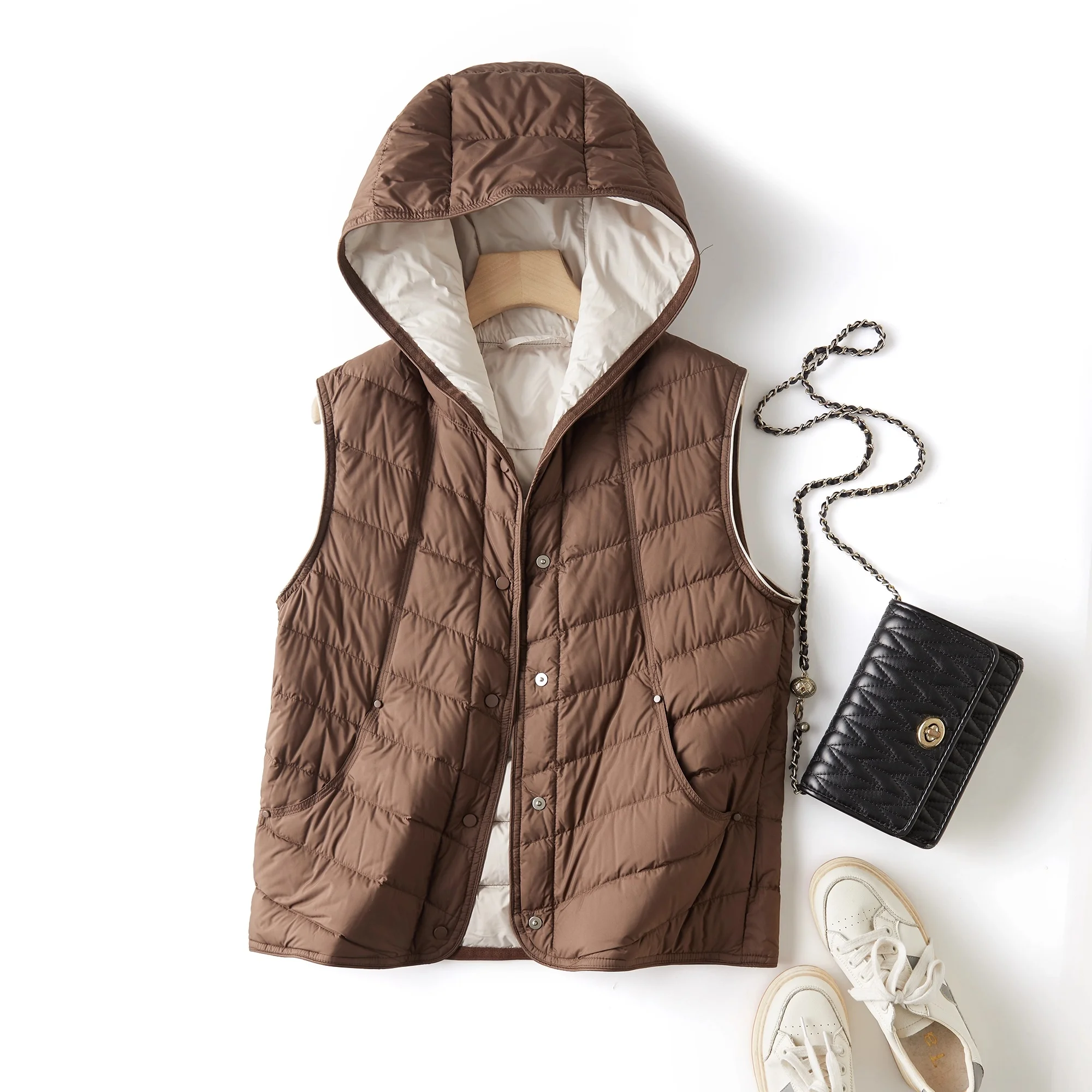 

Casual Hooded 90 White Du down Faion Layered Svel Stitched Lightweight Vest Jaet Autumn Winter New Sle