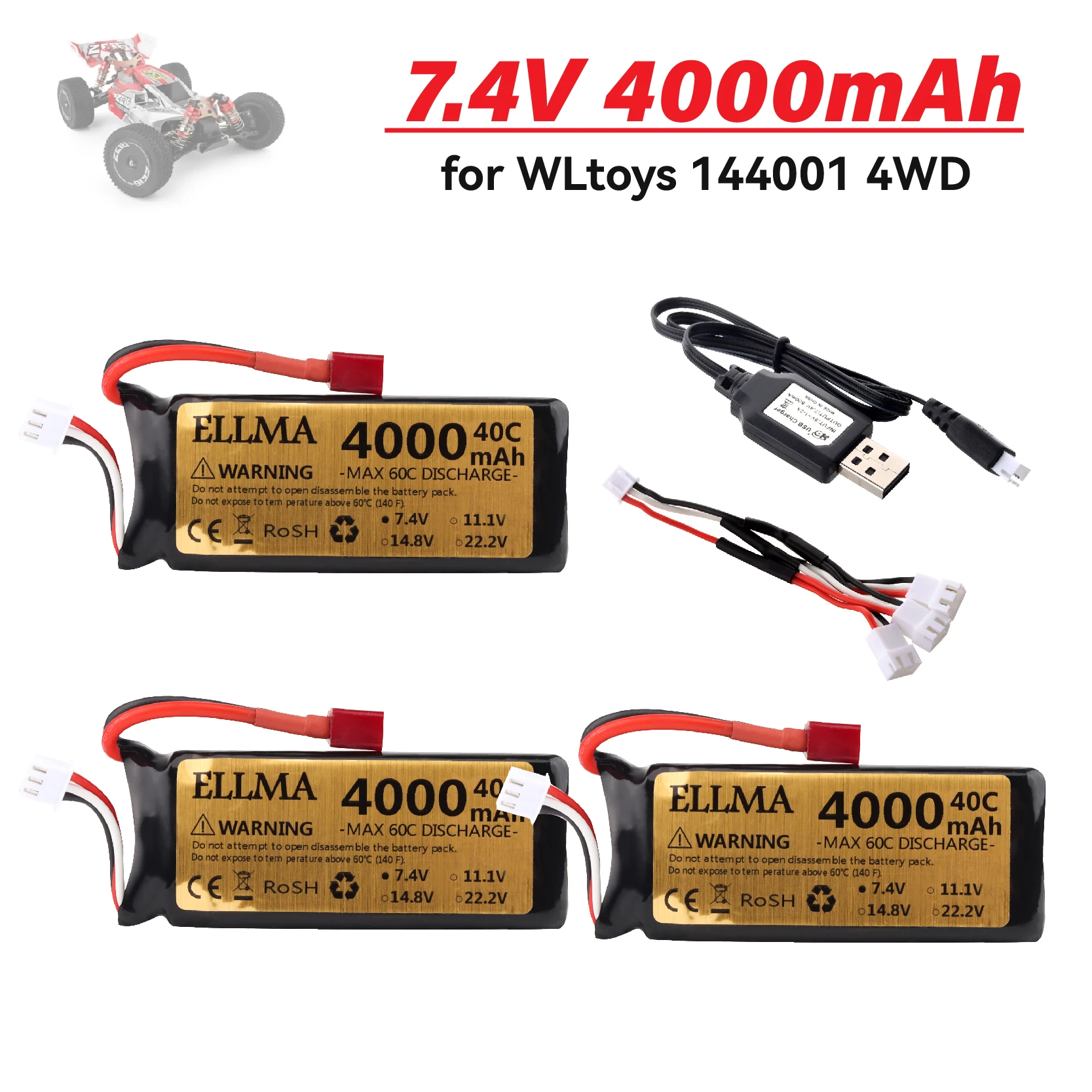 7.4v 4000mAh lipo Battery with T plug for Wltoys 144001/144010/144010/124017/124019/124018/12428 RC Car Battery parts