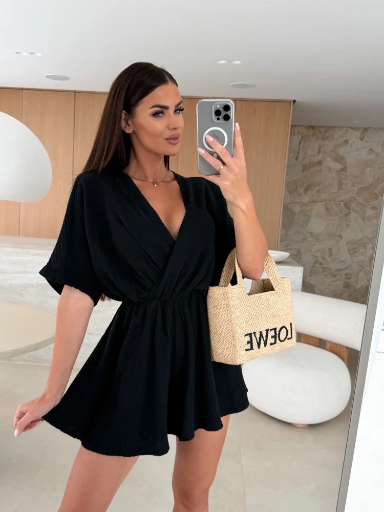 

Summer fashion V-neck short sleeved dress street style women's cinched waist elegant jumpsuit 8068