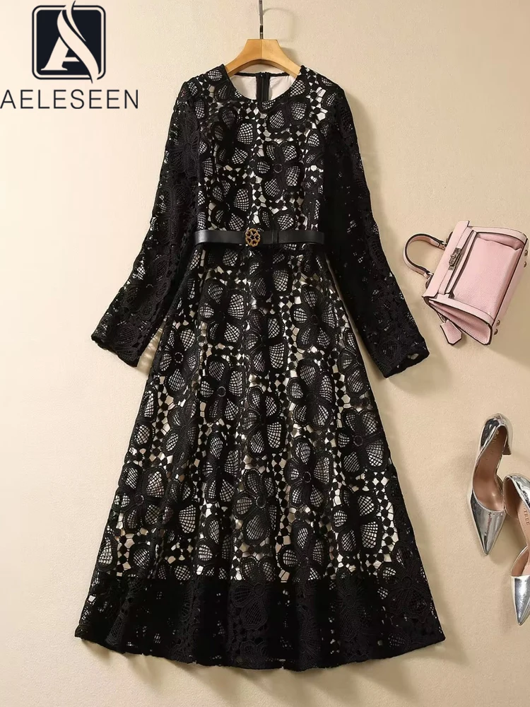 

AELESEEN Vintage Women Black Dress Autumn Winter High Quality Lace Hollow Out Flower Embroidery Belt Elegant Long Party