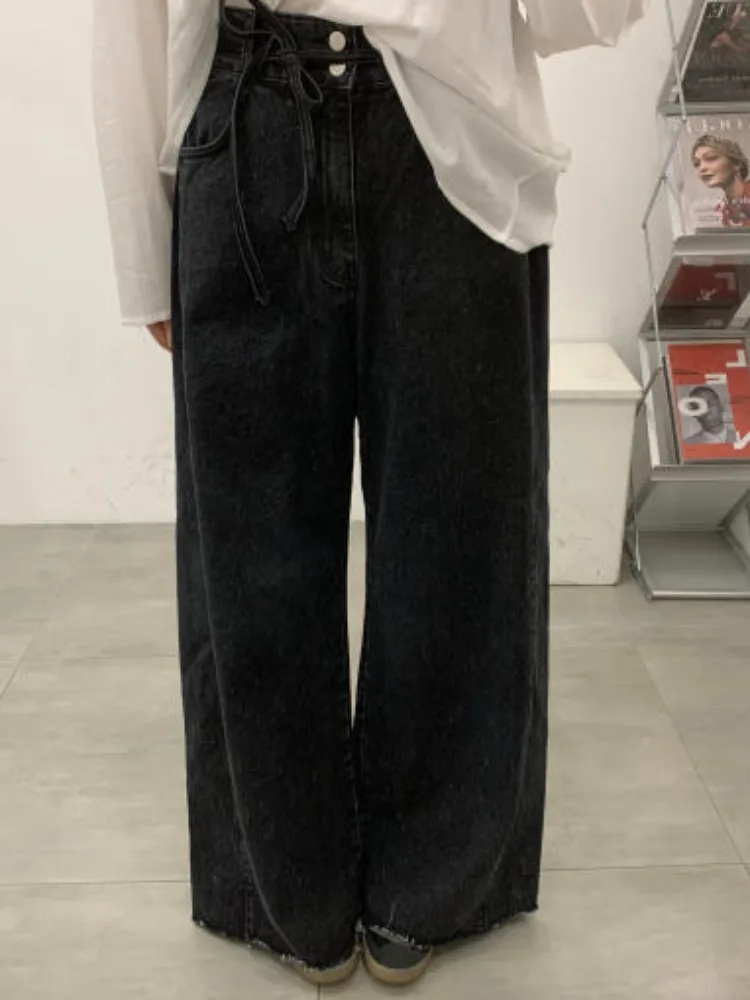 Afslankende denim jeans met hoge taille en wijde pijpen Dames Faion Lente Herfst Gevouwen Chique Self-Kee Lange broek Street Sle