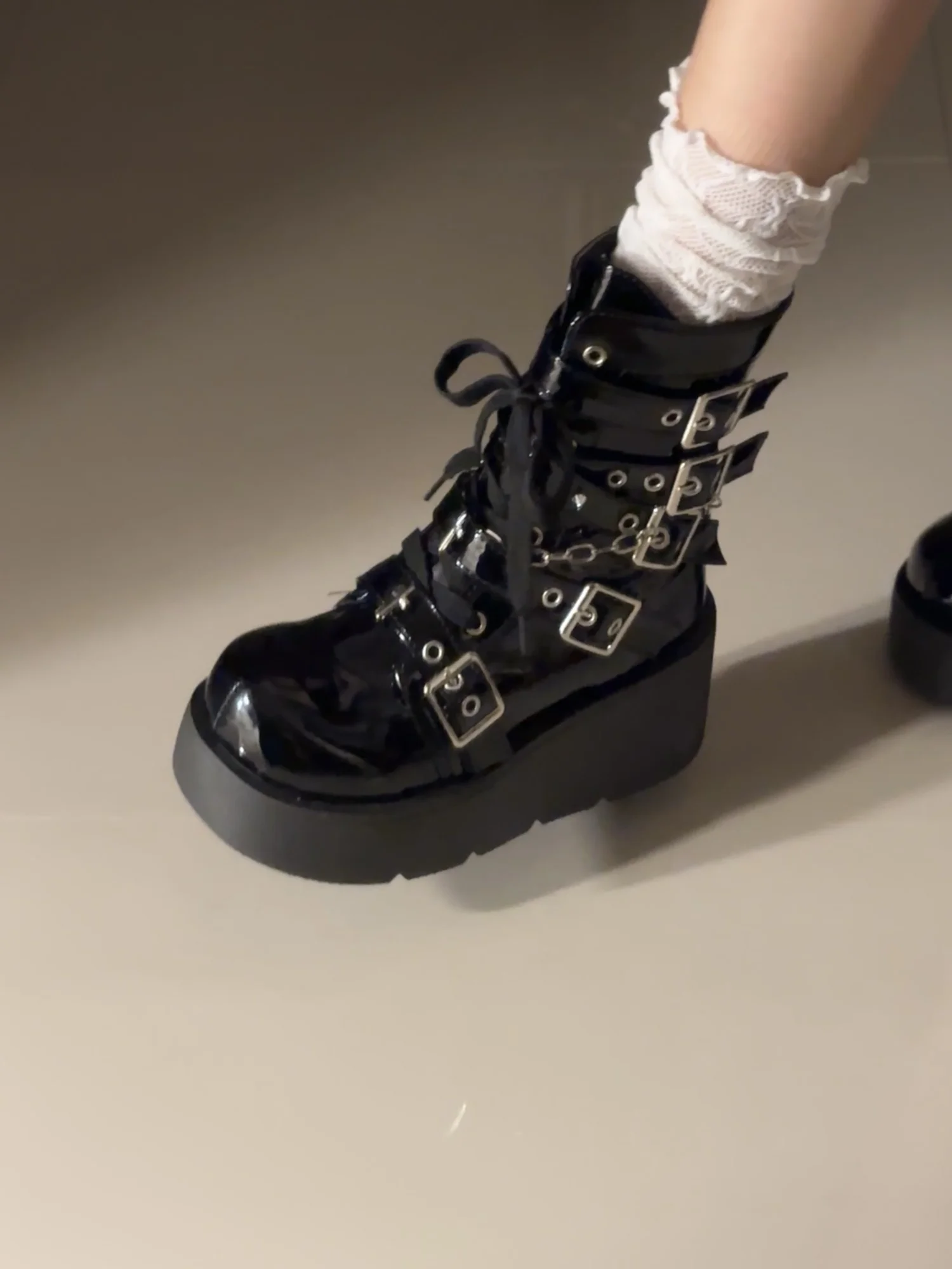 

Black Boots Metal Buckle Chunky Platform round Toe Short Boots Unisex Korean Style Warmth Comfortable Rubber Outsole
