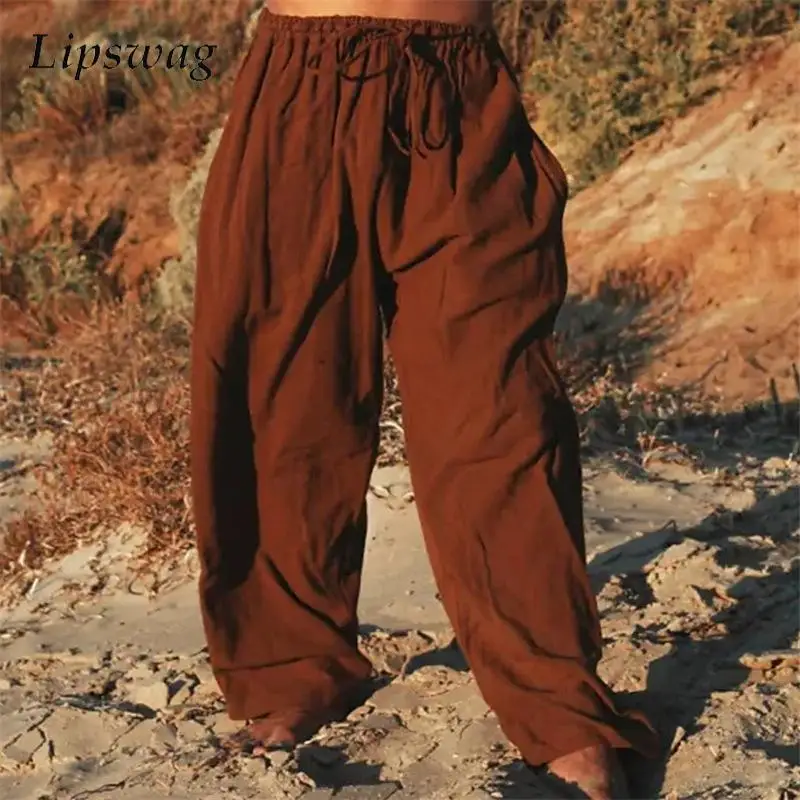 

Multi Color Beach Style Casual Pants Men's Autumn Cotton Linen Trousers Daily Leisure Solid Drawstring Lace-up Men Pants Spring