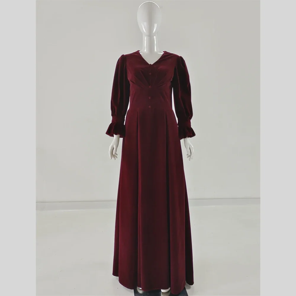 

It's Yiiya Evening Dress Burgundy Velvet V-Neck Full Sleeves Zipper Pleat A-Line Floor-Length Plus size Party Formal Gowns Woman