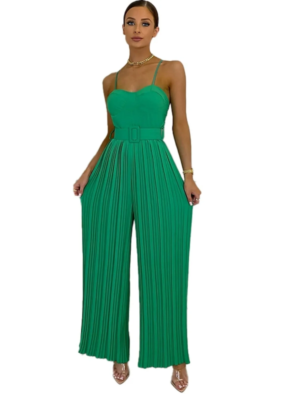 

Street Sle High Waist Susps Belt Pleated Wide Leg Jumpsuit Women's One-Piece Suit Long Pants High Waist Design Polyester