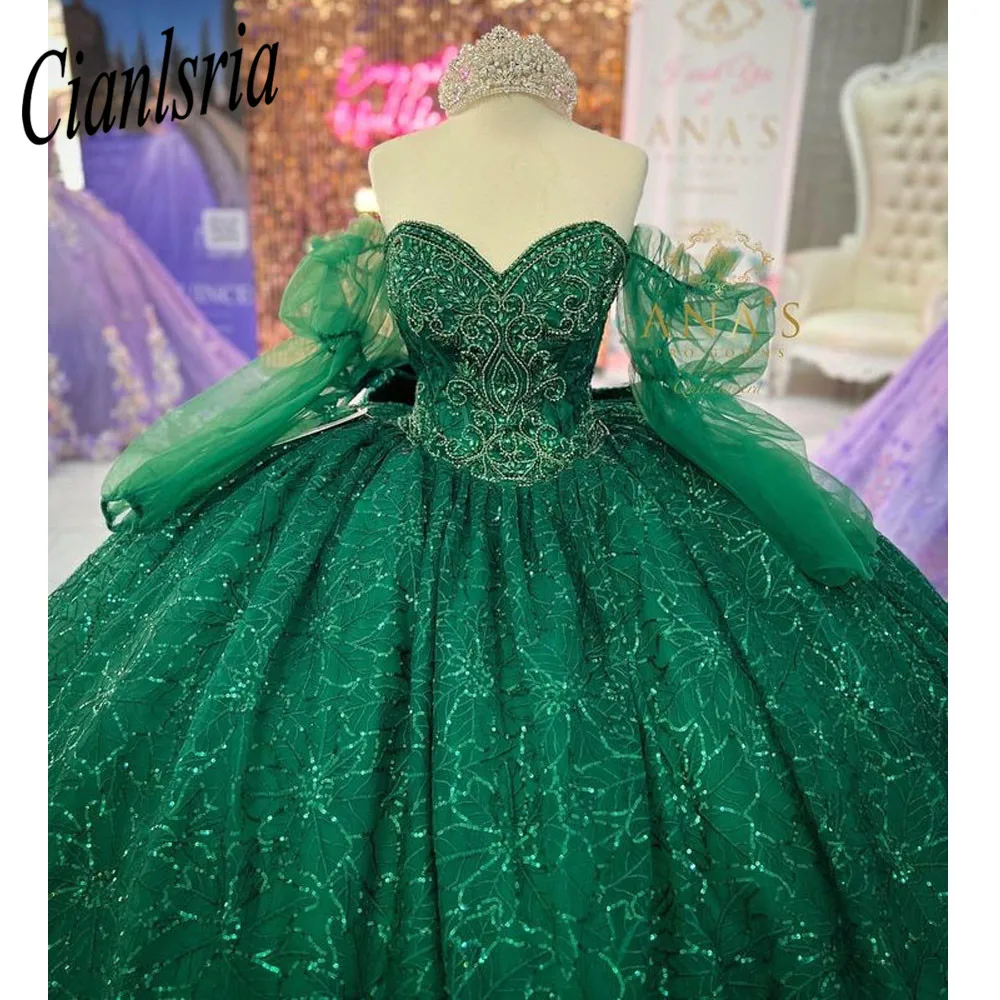 Grün Aus Der Schulter Ballkleid Perlen Quinceanera Kleider 2023 Spitze Süße 16 Kleid Party Kleider Lace Up Vestidos De 15 Años