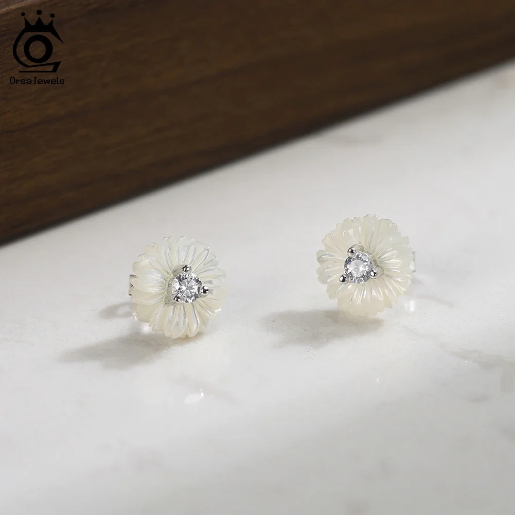 

ORSA JEWELS Vintage Shell Flower Stud Earrings for Women S925 Silver Zircon Shell Earrings Trendy Party Birthday Gifts PSE10