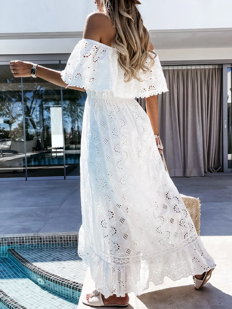 White Boho Dress Women Summer Off Shoulder Hollow Out Jacquard Lace Chic Maxi Dresses Ladies Party Beach Evening Dress Vestidos