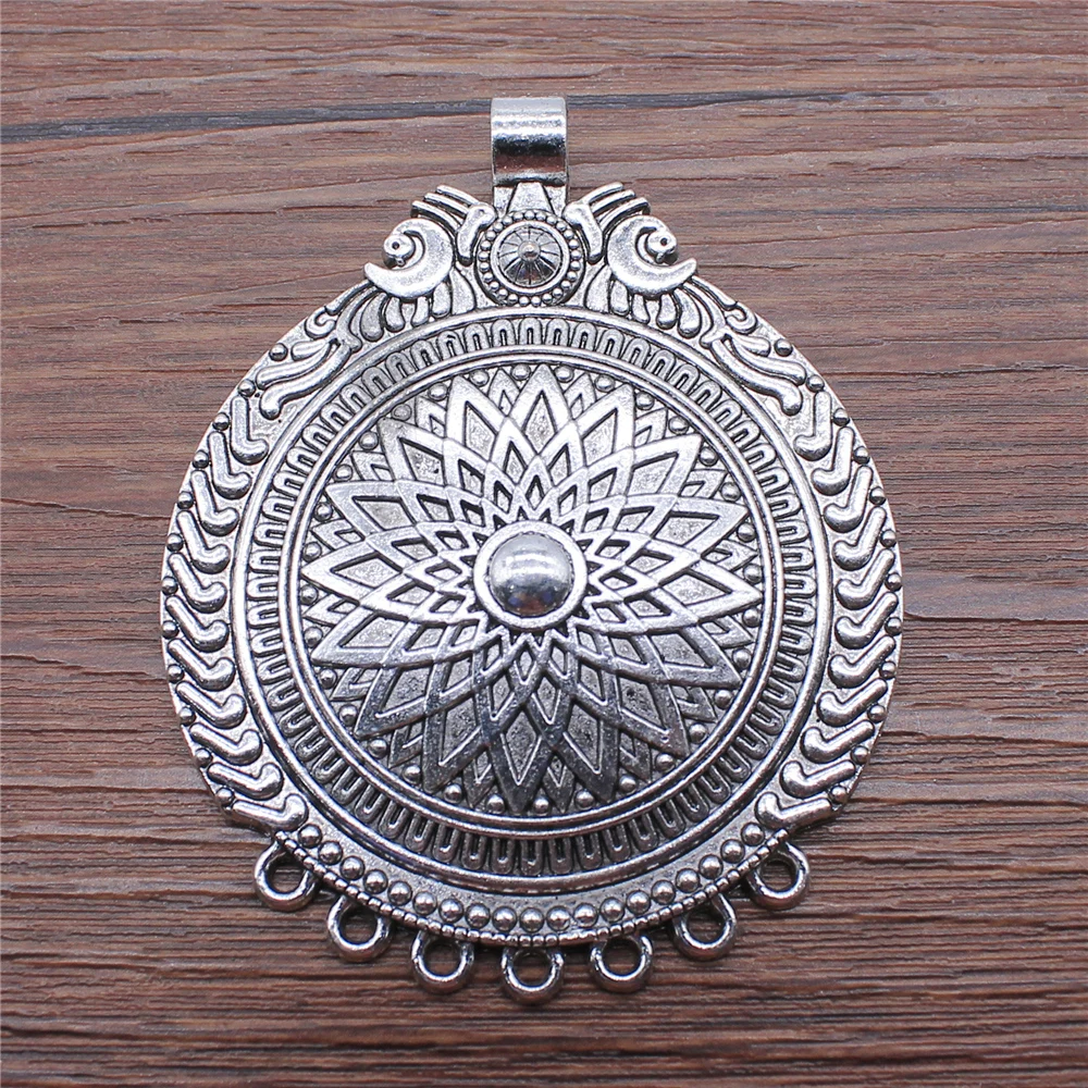 WYSIWYG 1pcs 57x71mm Carved Large Round Wafer Charms For Jewelry Making Antique Silver Color Necklace Accessories