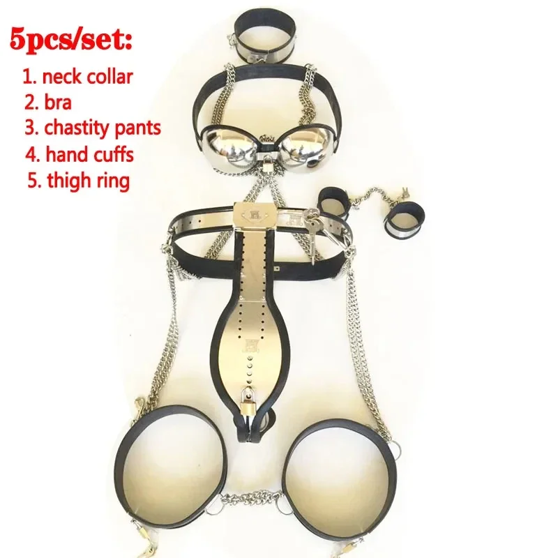 

Stainless Steel Male Chastity Belt 5pcs/Set Neck Collar Hand Cuffs Thigh Ring Bra BDSM Bondage Chastity Device Sex Toys For Men