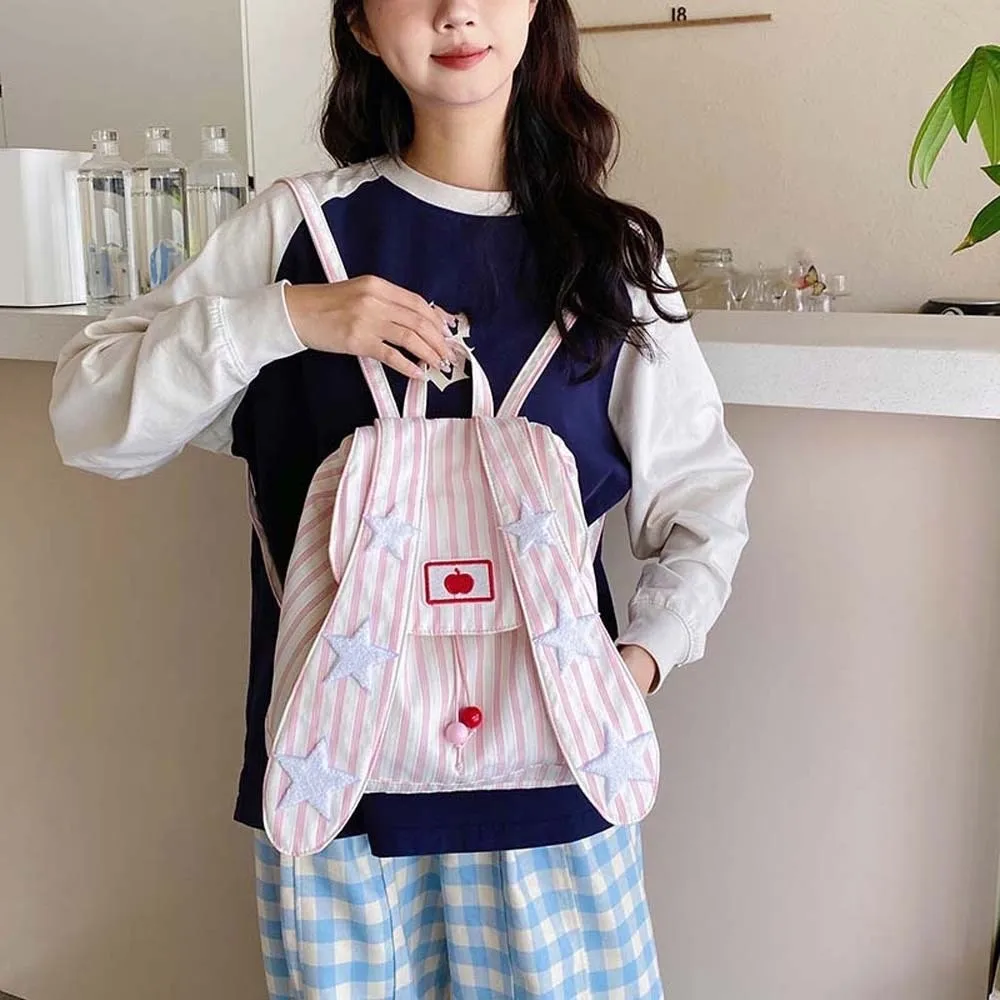 

Sweet Korean Drawstring Backpack Canvas Large Capacity Rabbit Ear School Bag Scratch Prevention Polyester Striped Star Backpack