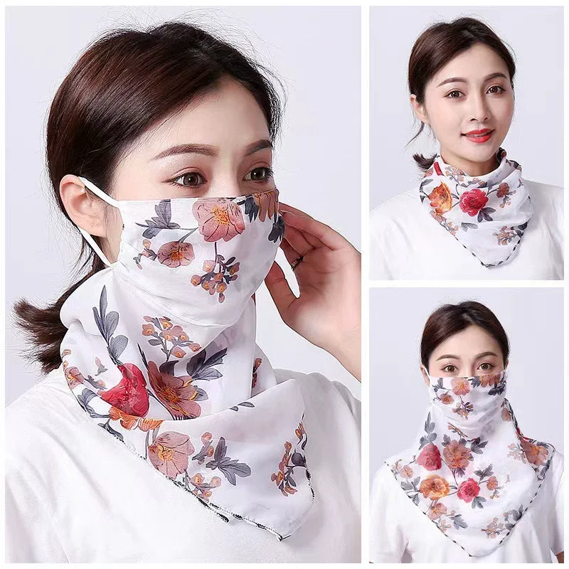 Summer Neck Collar Scarf Sun Protection Mask Elegance Women Floral Chiffon Silk Bib Breathable Balaclava Neck Cover Mask