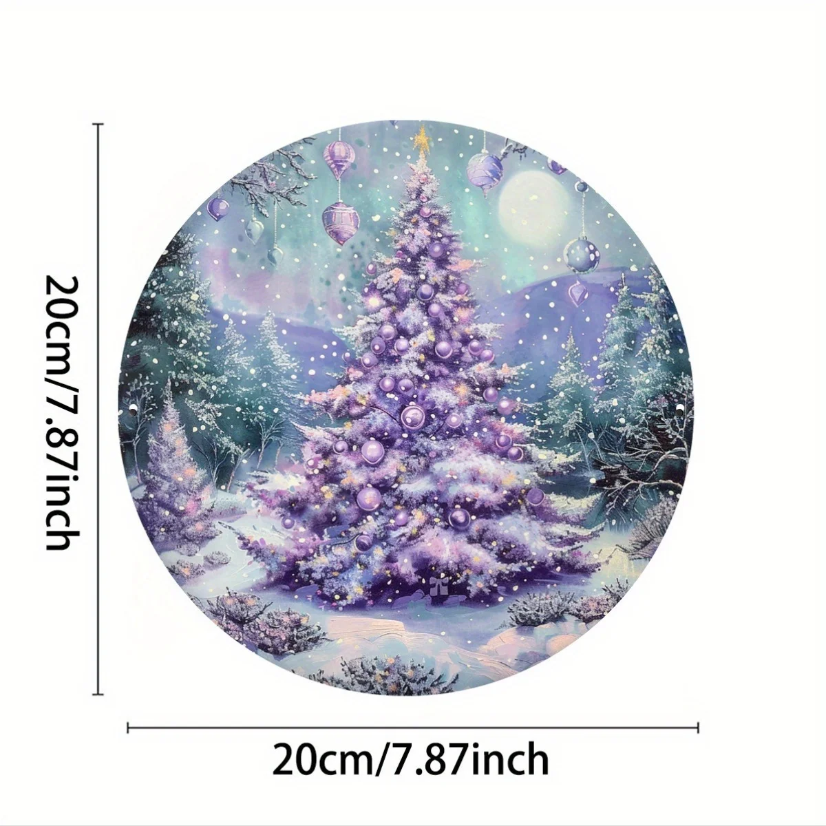 2D Purple Snow Christmas Tree Round Metal Tin Sign 20x20cm Winter Forest Ornament Iron Plaque Xmas Home Front Door Decor