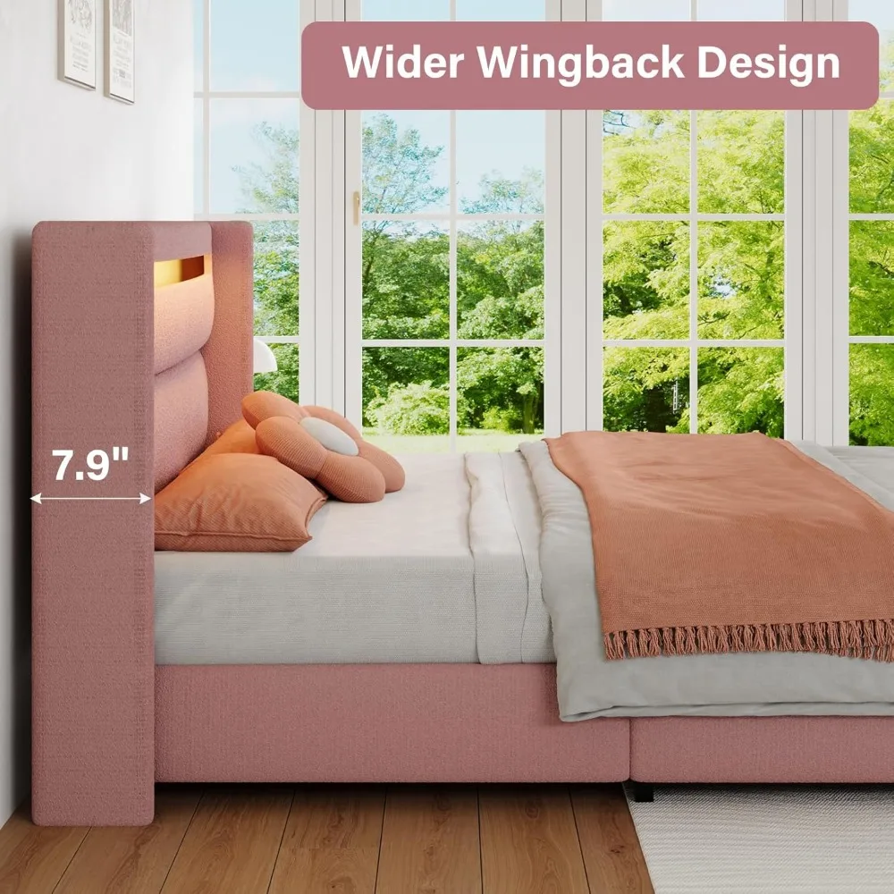 Estruturas de cama de solteiro com cabeceira e luzes LED, cama de plataforma estofada Boucle com design Wingback, estrutura de cama macia moderna