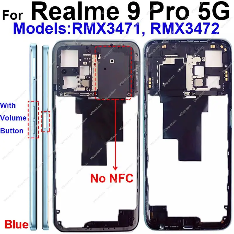 Middle Frame For Realme 9 Pro RMX3471 RMX3472 Back Cover Battery Door Housing Bezel with Side Button with Graphite Paper Parts