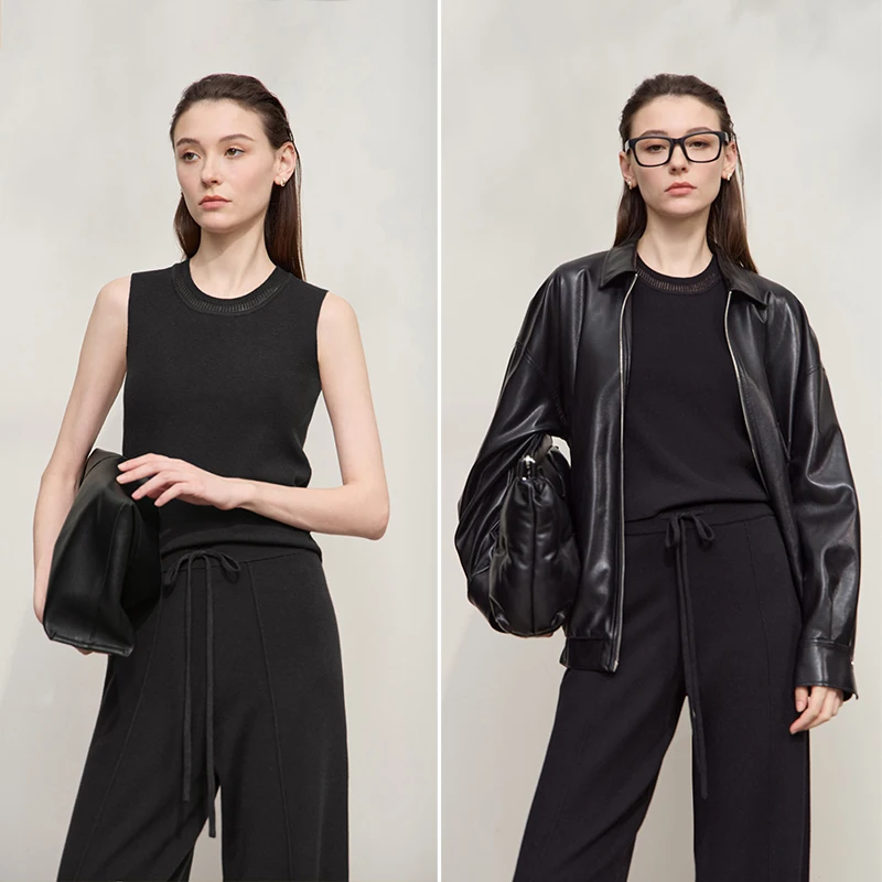 Amii calças casuais femininas 2025 outono nova gola virada para baixo versátil cardigan de malha cor sólida manga longa topos 12543089