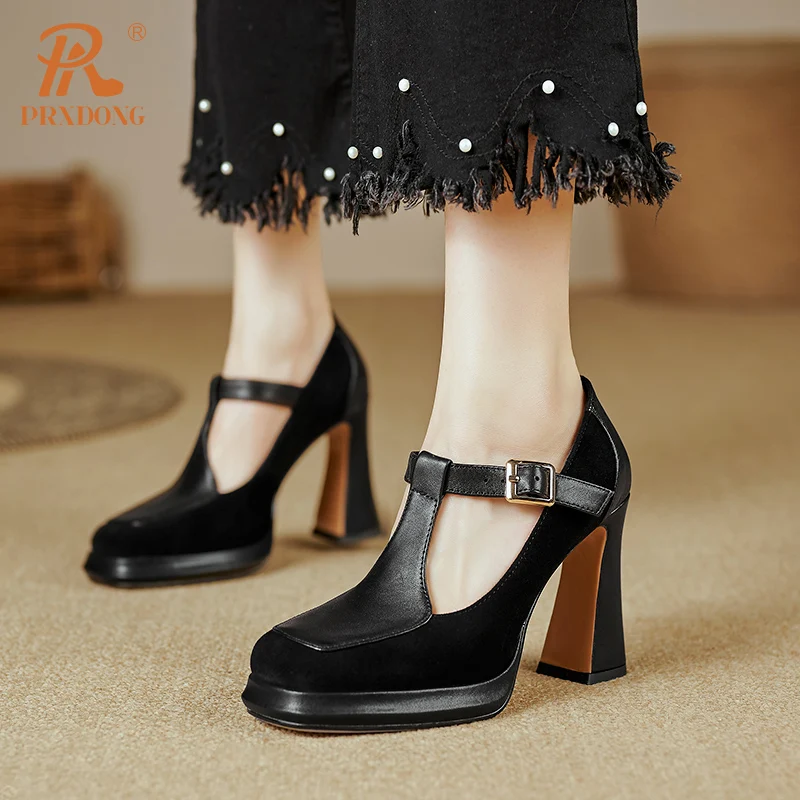 PRXDONG Genuine Leather Shoes Woman Pumps New Spring Summer High Heels Platform T-strap Retro Black Brown Dress Party Mary Janes