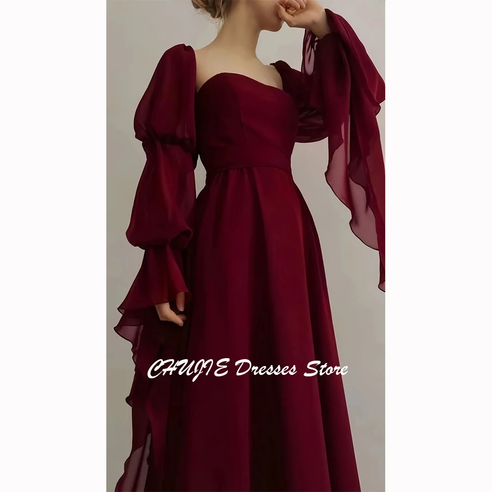 Sukienki wieczorowe z dekoltem w kształcie kwadratu w kolorze burgundowym, sukienki na studniówkę z długim rękawem w stylu Dubaj, sukienki na wesele w stylu arabskim z plisami w kształcie litery A, skromne, szyte na miarę.