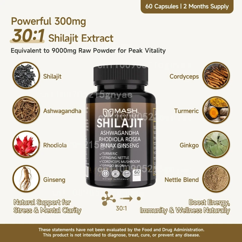 

Капсулы Shilajit (1000 мг Shilajit на обслуживание) Экстракт Shilajit с естественным занятием плодной кислотой - без глютена, без GMO