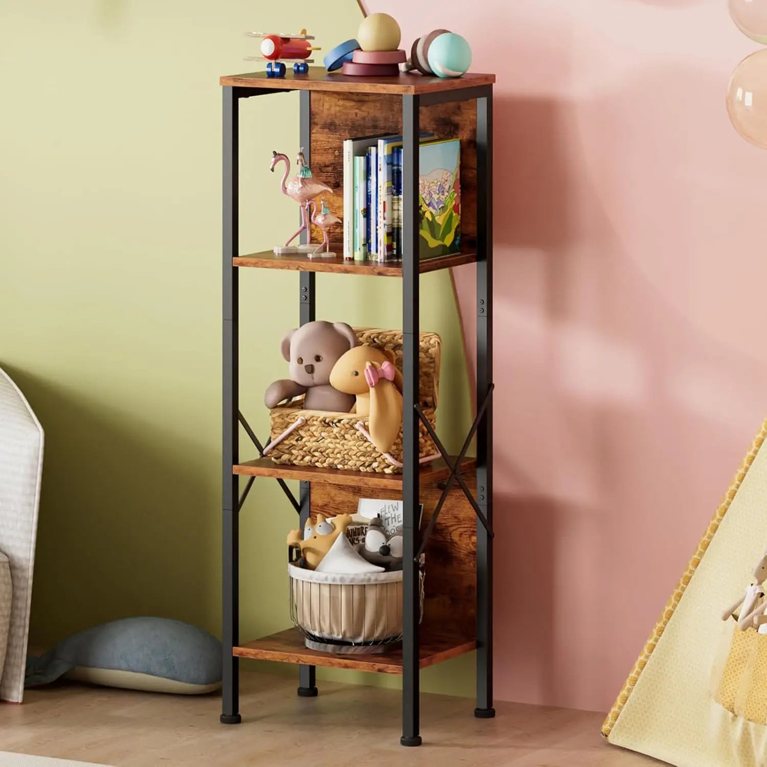 4-storey metal and wooden display racks with small back bookshelves, living room, office, and entrance