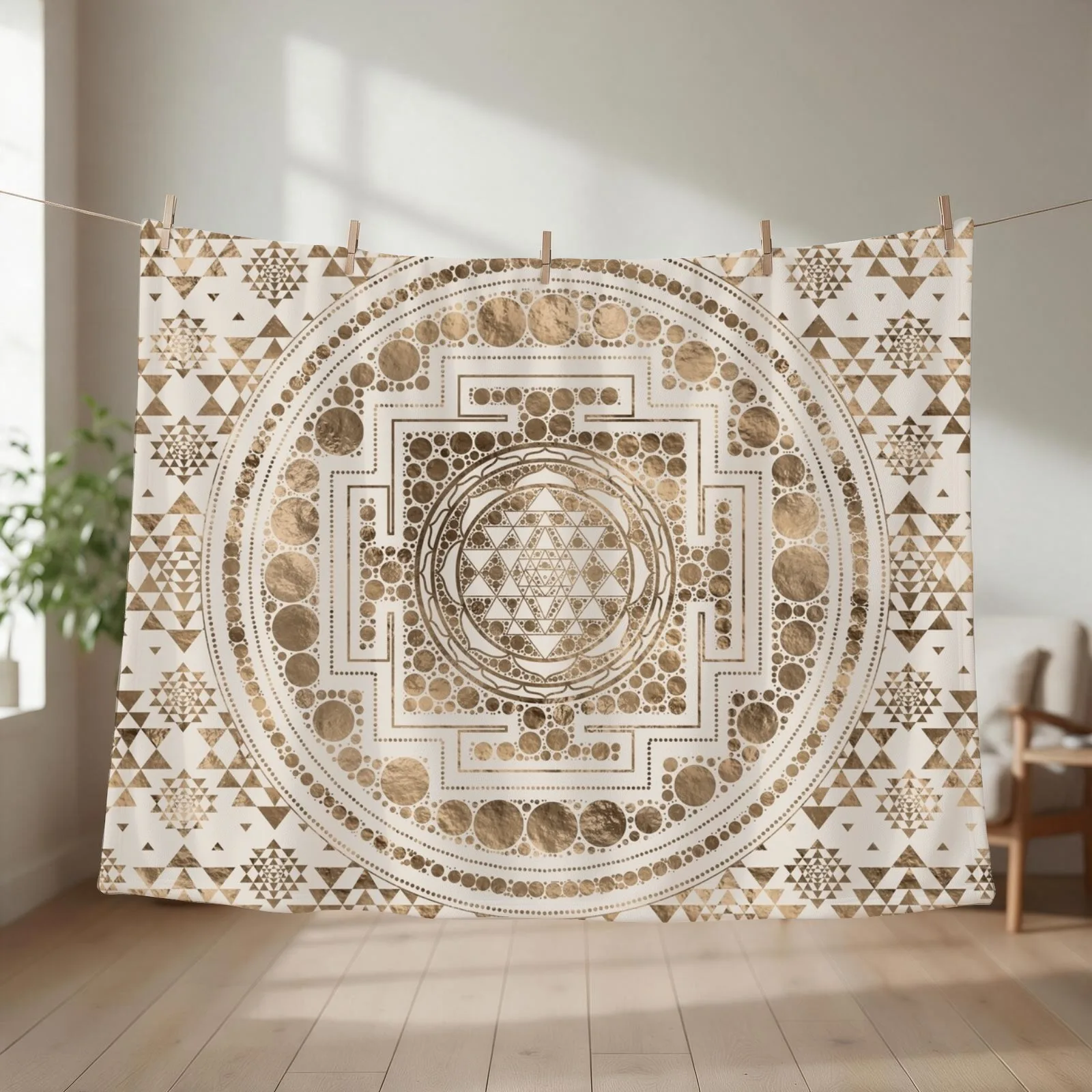 Sri Yantra / Sri Chakra Pastel Gold Throw Blanket couch cozy soft plush fuzzy picnic outdoor blanket