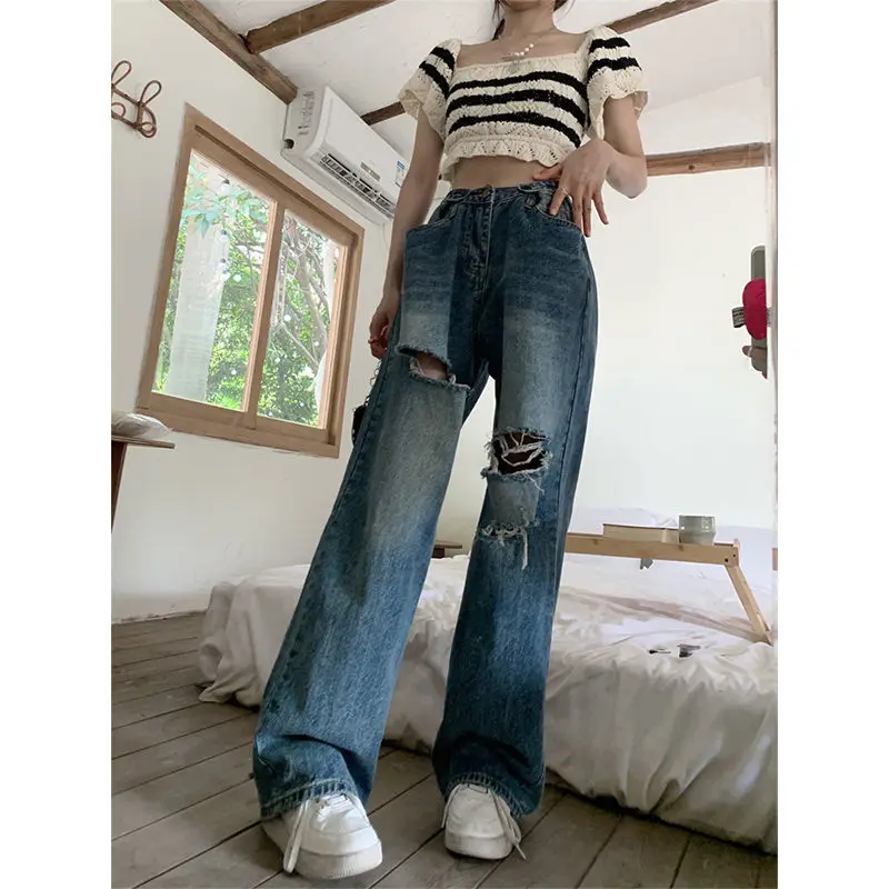 Korean Vintage High Waist Hole Straight Jeans Womens Loose Denim Pants 2023 Casual Female Wide Leg Pants Streetwear Mom Jeans