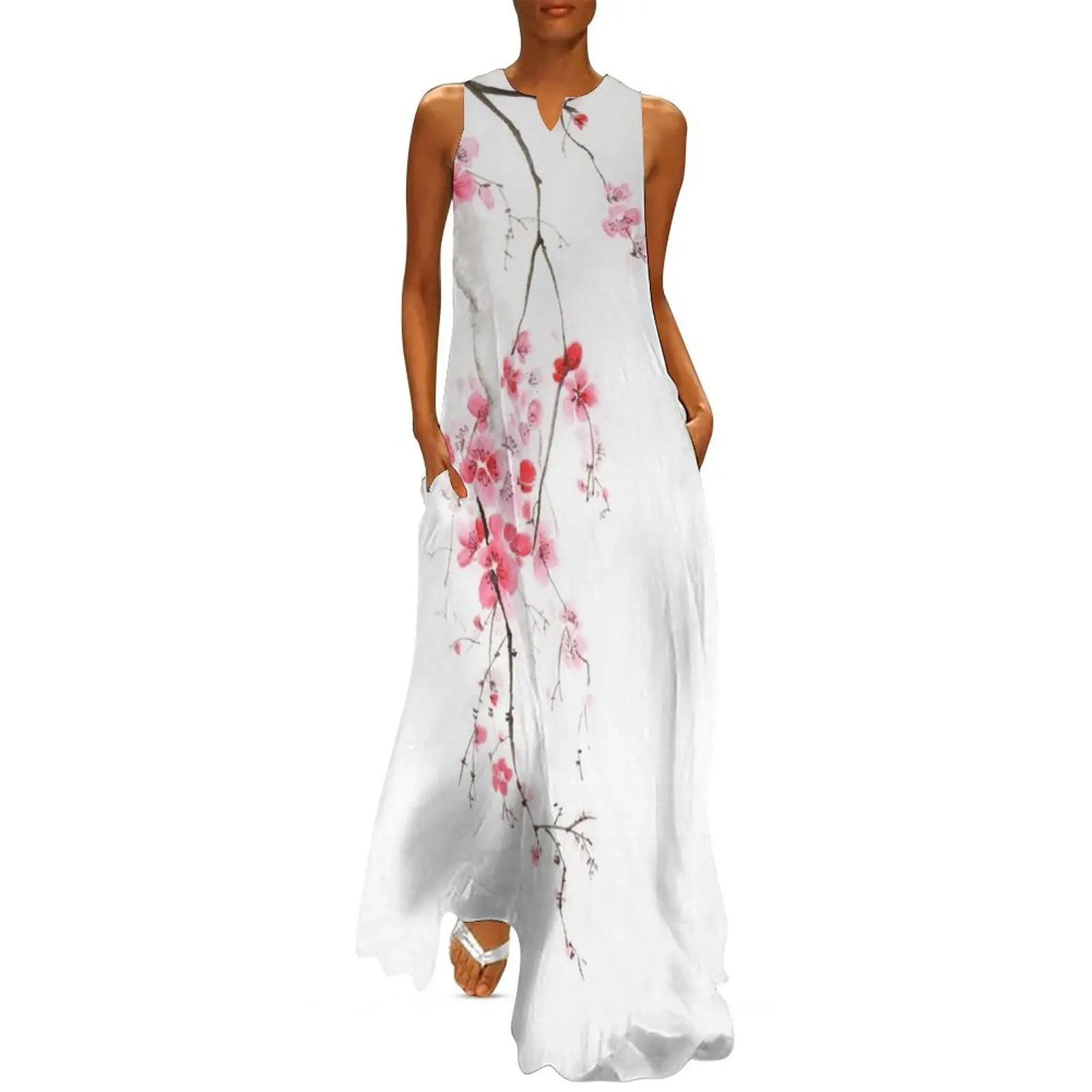 

Zen sumi-e painting of a cherry blossom branch with light pink flowers on white art print Long Dress women clothes Dress