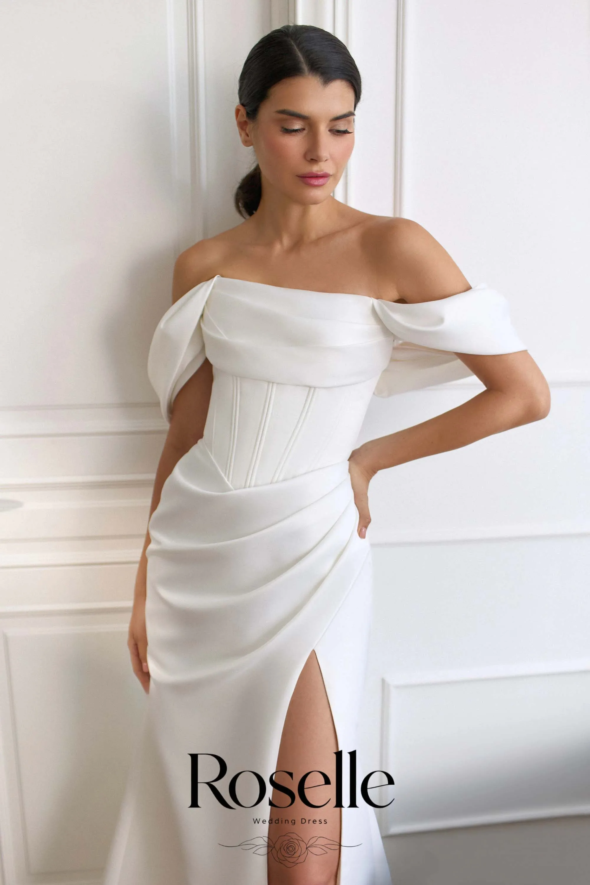 ROSELLE Simple Elegant Mermaid Wedding Dress High Side Slit Off Shoulder Open Back 2026 Bridal Gown Customized свадебное платьеl