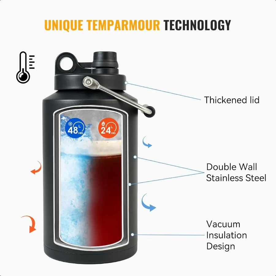 زجاجة مياه معزولة من الفولاذ المقاوم للصدأ جالون واحد 128 أونصة باللون الأسود